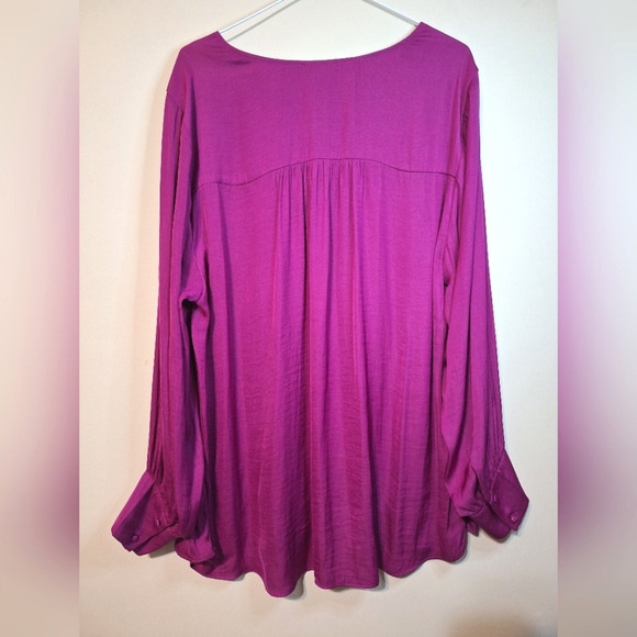 Joie 2X v-neck satin long baloon sleeve fushia blouse - Picture 6 of 7
